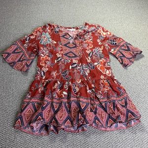 Beachlunchlounge Womens Blouse Top Size XS Red Floral Tasseled Babydoll‎ Tunic